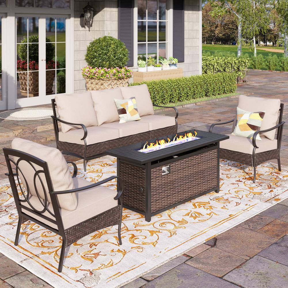 PHI VILLA Metal Frame Dark Brown Rattan 4-Piece Steel Outdoor Fire Pit ...