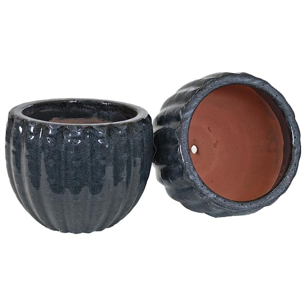 Sunnydaze 10 in. Fluted Glazed Ceramic Planter - Black Mist