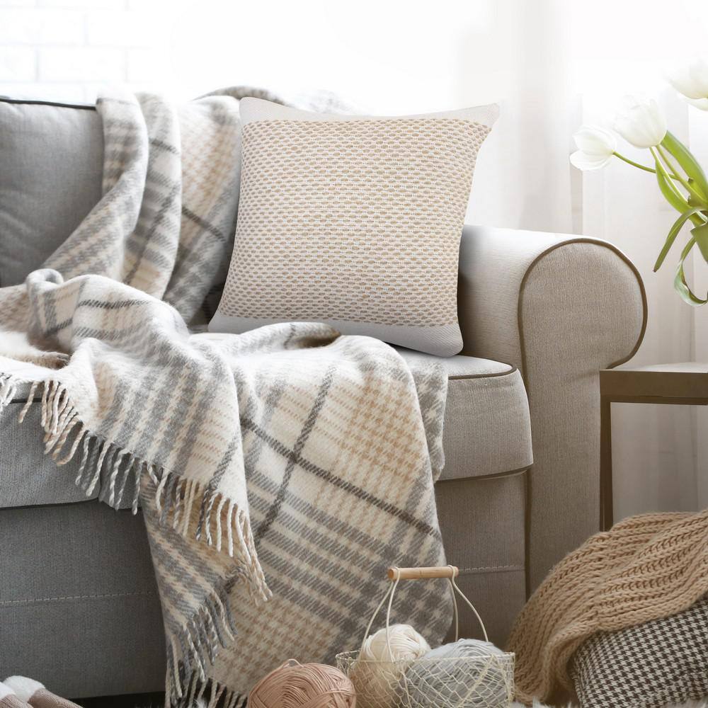 Ivory and Tan Jute Interwoven Square Throw Pillow