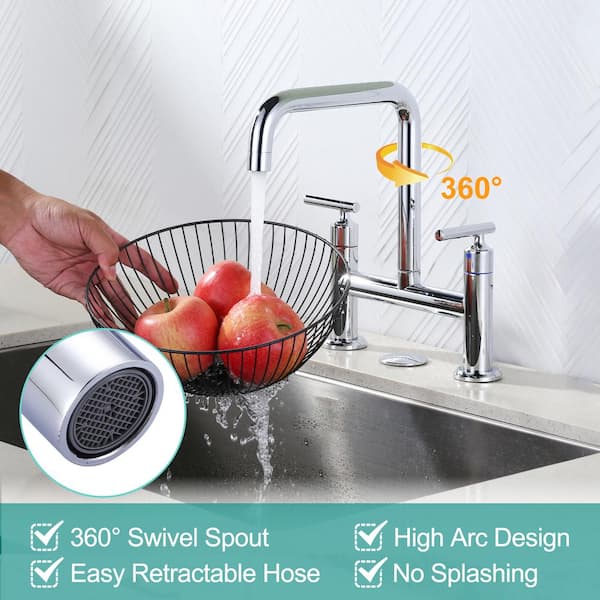 Modern Double Handle High Arc Solid Brass Bridge Kitchen Faucet in Polished Chrome