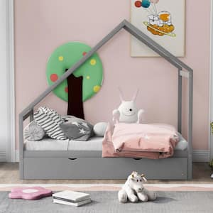 Gray Twin Size House Bed with Trundle, Wood Twin Platform Bed Frame with Roof for Kids Boys Girls, No Box Spring Needed