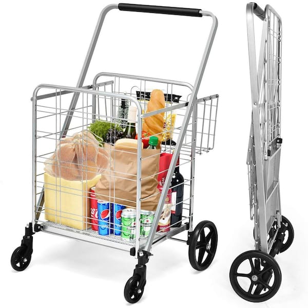 Silver Heavy Duty Folding Utility Shopping Double Cart Kitchen Cart
