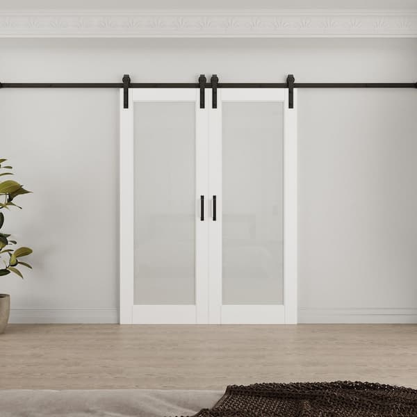 56 in. x 80 in. 1-Lite Tempered Frosted Glass White Primed MDF Composite Sliding Barn Door with Hardware Kit