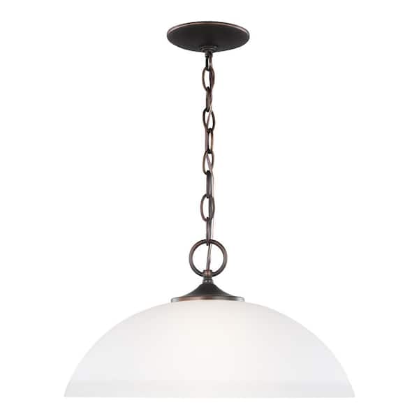 Generation Lighting Geary 1-Light Bronze Pendant with Satin Etched Glass Shade and LED Light Bulb