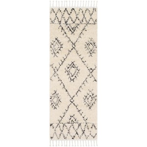 Berber Shag Emlenton 3 ft. X 7 ft. Beige, Black Shaggy Southwestern Bohemian Tribal Style Tasseled Soft Runner Rug