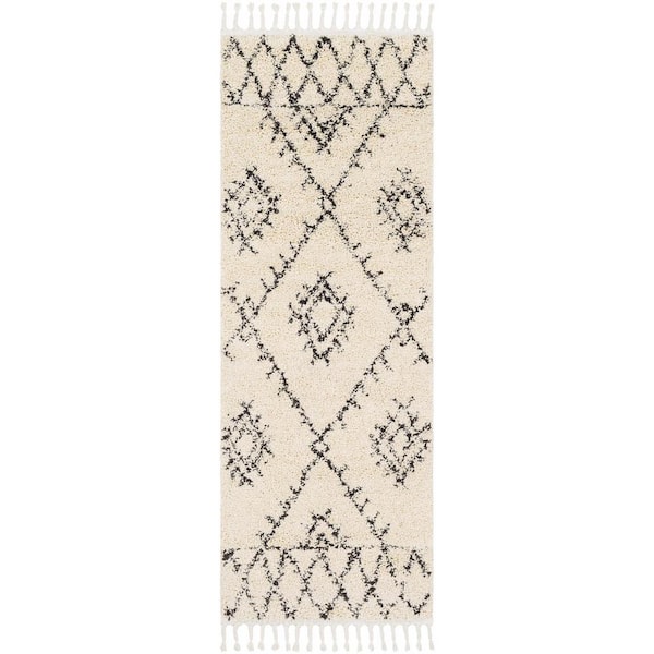 HAUTELOOM Berber Shag Emlenton 3 ft. X 7 ft. Beige, Black Shaggy Southwestern Bohemian Tribal Style Tasseled Soft Runner Rug