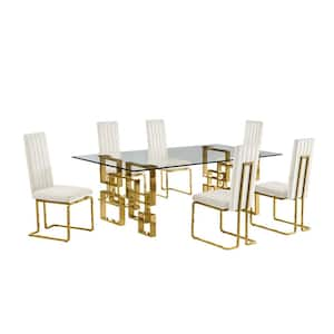 Dominga 7-Piece Rectangular 95 in. L Glass Top With Gold Stainless Steel Base Dining Set With 6 Cream Velvet Chairs