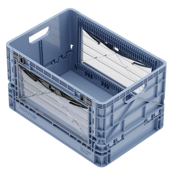 Full-Size Collapsible Crate 24-QT 200-LB Stacking Capacity Durable Stackable Storage Bin with Lid and Dividers Navy Gray
