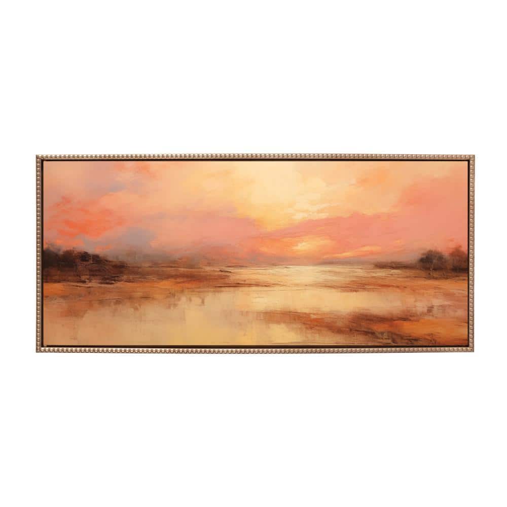 Golden Peach Sunset Landscape Canvas Print with Beaded Gold Frame