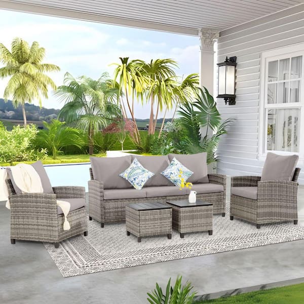 MIRAFIT 5-Piece Wicker Outdoor Dining Set with Washed Gray Cushion