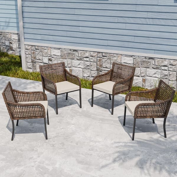 4-Pack Patio Wicker Woven Rattan Outdoor Dining Chairs with Beige Cushions