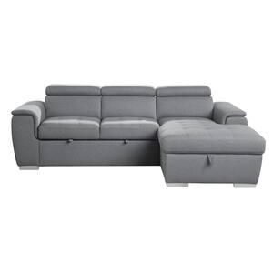 Logan 97.5 in. W 4-Piece Chenille Upholstery Sectional Sofa in Gray w/Pull-out Bed and Adjustable Headrests