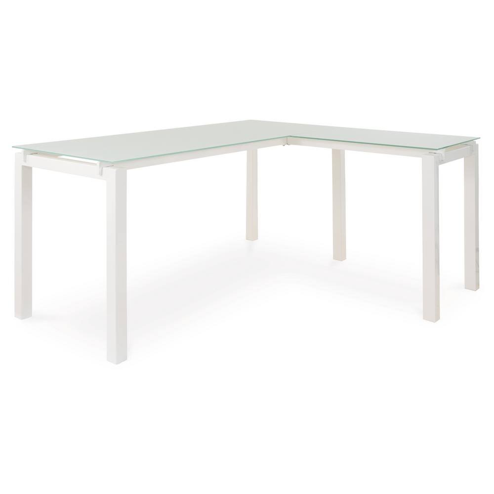 Modern White Corner Home Office Desk with Glass Top and Drawer