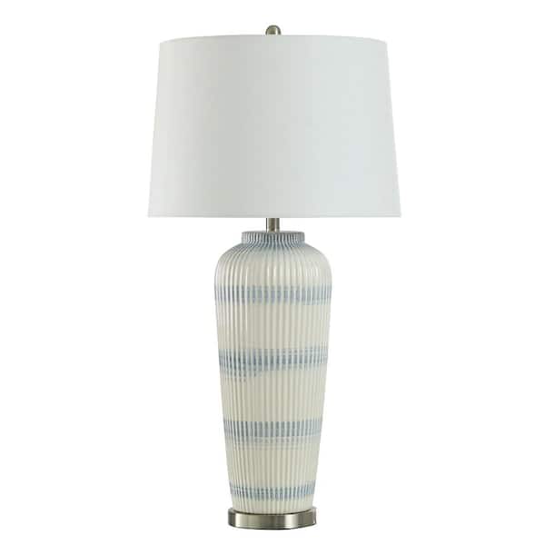 Cream, Pristine Blue Table Lamp with White Linen Shade 36 in.