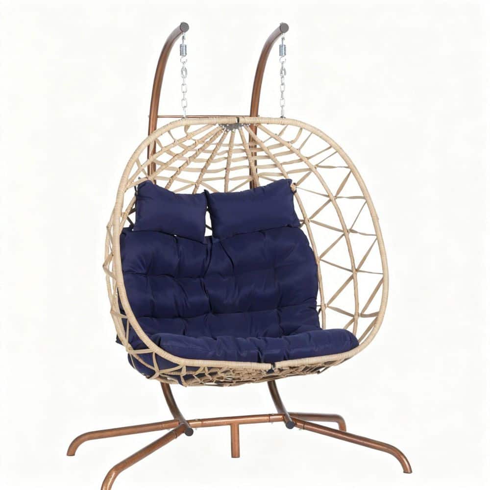Double Egg 2-Person Light Yellow Wicker Patio Swing with Dark Blue Cushions price history on PriceWatchPro