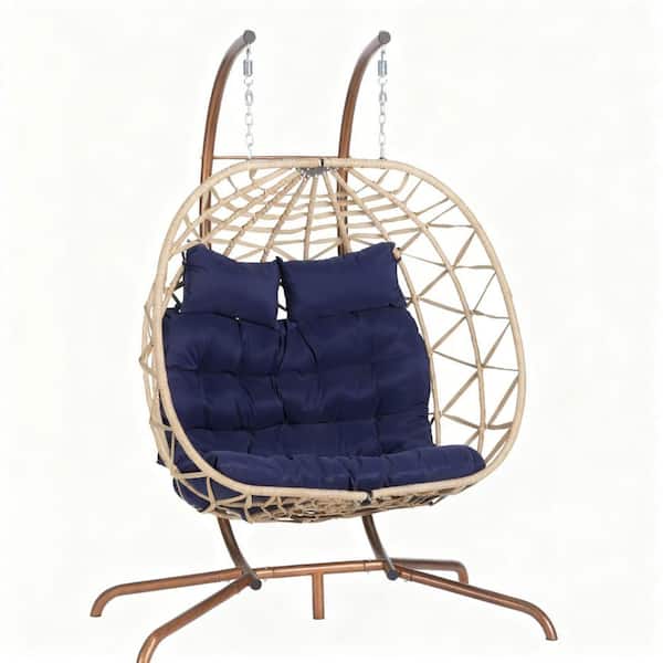 Double Egg 2-Person Light Yellow Wicker Patio Swing Hammock Chair with Dark Blue Cushions