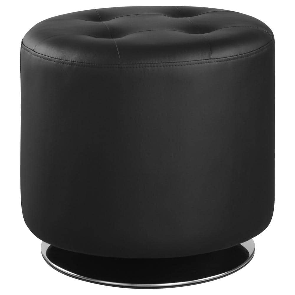 Black Faux Leather Round Swivel Ottoman with Chrome Base