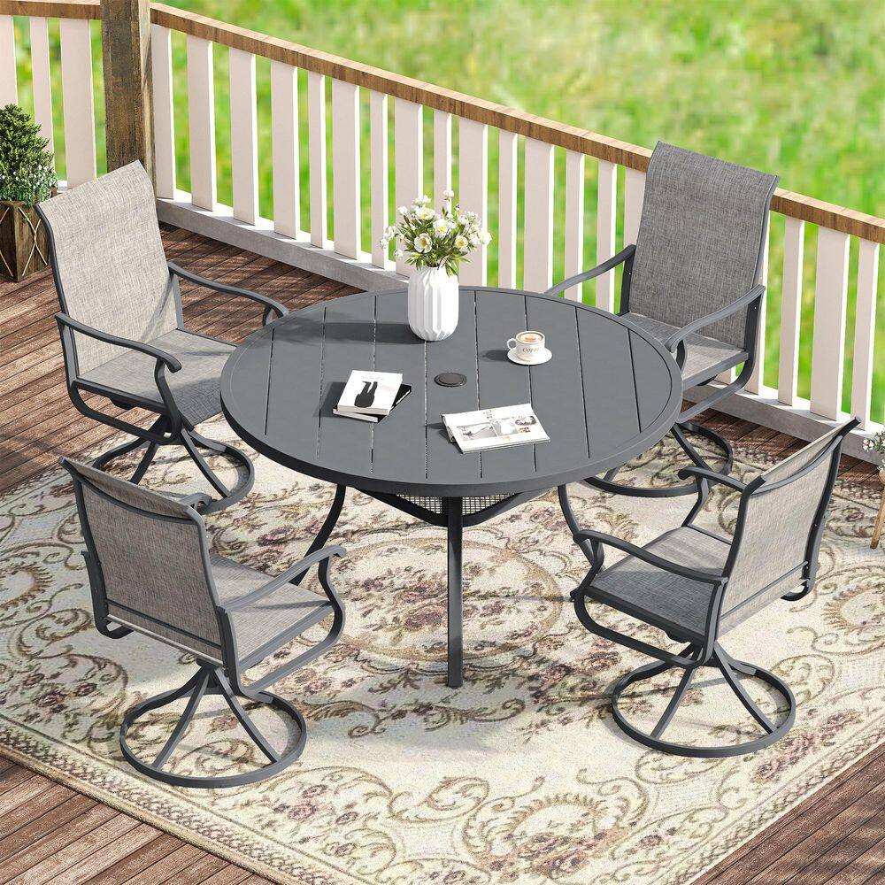5 Pieces Metal Outdoor Patio Dining Set with 4 Grey Textilene Swivel Dining Chairs and 40.6 in. Grey Round Dining Table