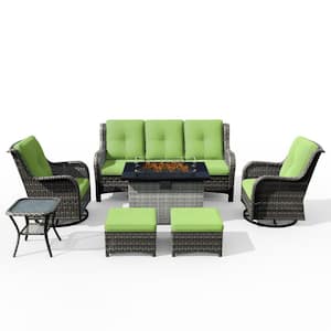 7-Piece PE Rattan Wicker Patio Conversation Set Outdoor Chairs and Fire Pit with Green Cushion