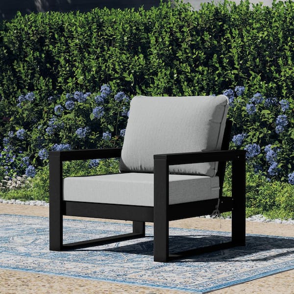 Endless Outdoor Patio Deep Seating Club Chair with Black Frame and Light Gray Side Tie Cushions