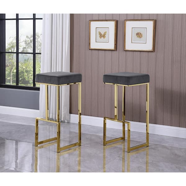Best Master Furniture Jupiter Lane 31 in. H Gray / Velvet Backless Metal Bar Stools with Gold Base (Set of 2)
