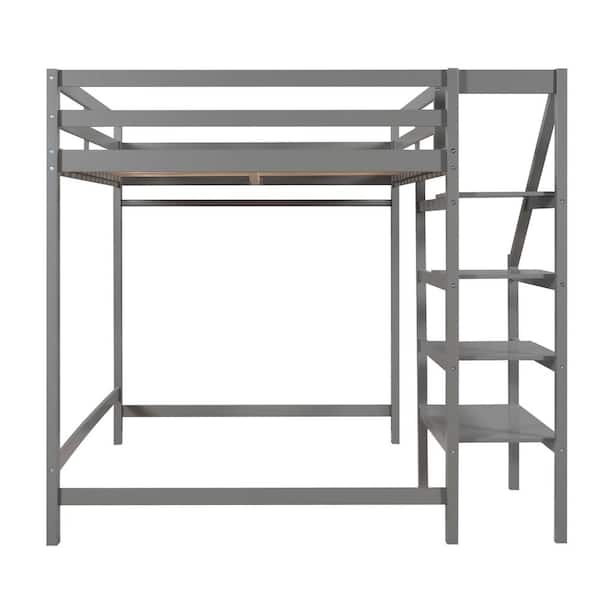 ATHMILE Gray Full Size Loft Bed with Built-in Storage Staircase and Hanger for Clothes