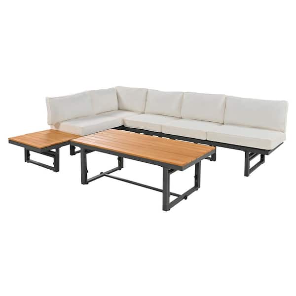 Unbranded 3-Piece Outdoor Metal Patio Conversation Set with Beige Cushions, Patio Sectional Sofa Set with Coffee Table