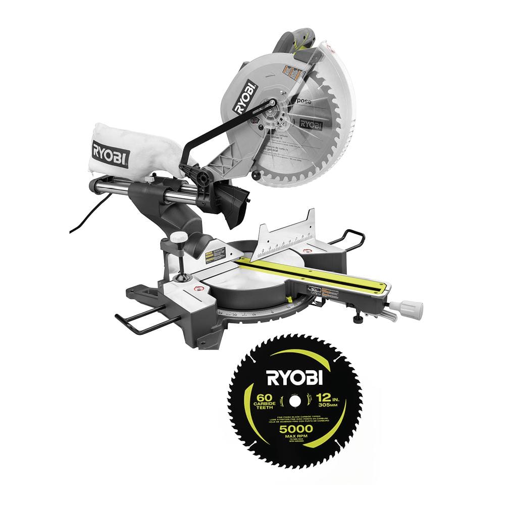 RYOBI 15 Amp 12 in. Corded Sliding Compound Miter Saw with 12 in. 60 Carbide Teeth Thin Kerf Miter Saw Blade -  TSS121-A181202