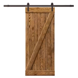 36 in. x 84 in. Z Series Wire Brushed Walnut Stained Knotty Pine Wood Interior Sliding Barn Door with Hardware Kit