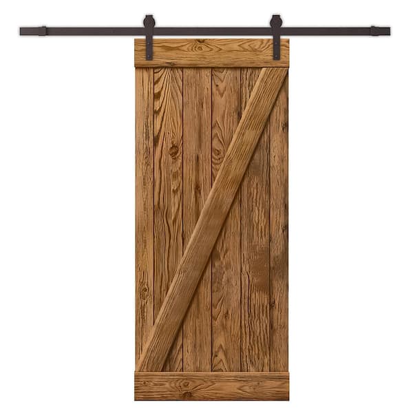 CALHOME 36 in. x 84 in. Z Series Wire Brushed Walnut Stained Knotty Pine Wood Interior Sliding Barn Door with Hardware Kit