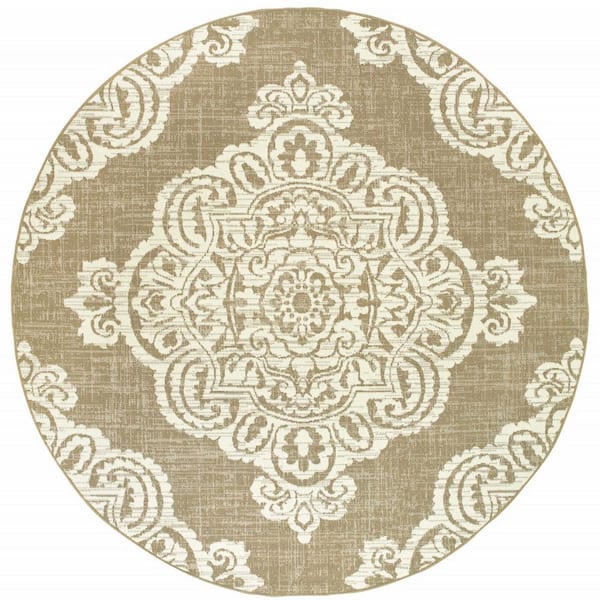 Tan 8 ft. x 8 ft. Loomed Oriental Polypropylene Round Indoor/Outdoor Area Rug