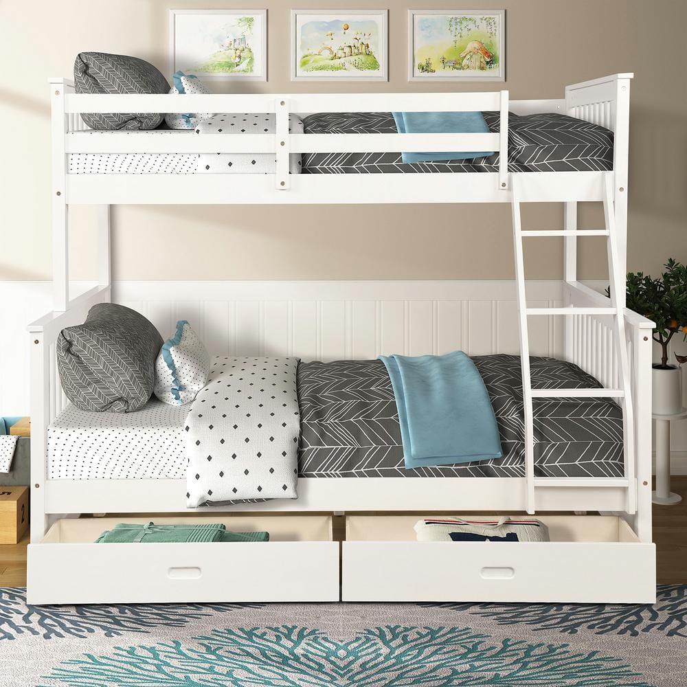 Twin-Over-Full Bunk Bed with Ladders and 2-Storage Drawers in White
