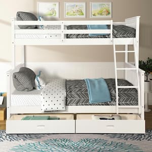 Twin-Over-Full Bunk Bed with Ladders and 2-Storage Drawers in White