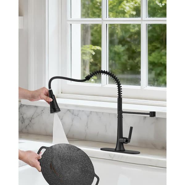 Single Handle Pull-Down Sprayer 3 Spray High Arc Pull Down Sprayer Kitchen Faucet With Deck Plate in Matte Black