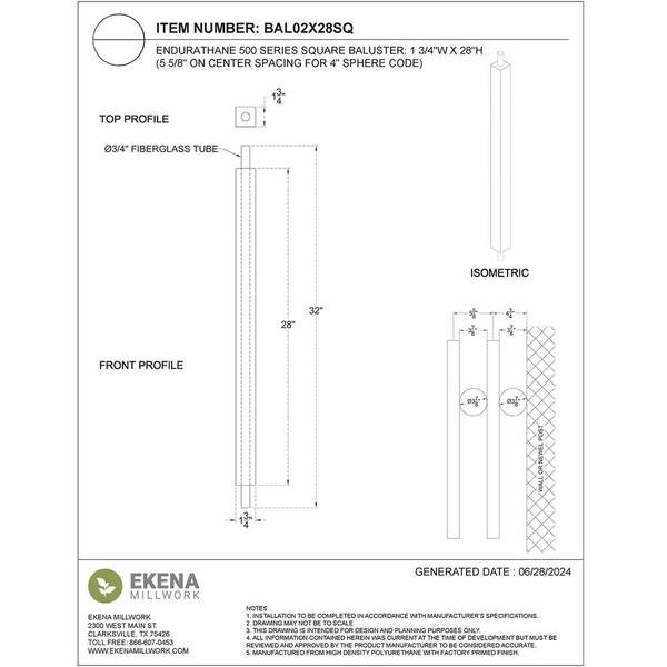 Ekena Millwork Endurathane 500 Series 28 in. H x 1.75 in. W White Resin Stair Baluster
