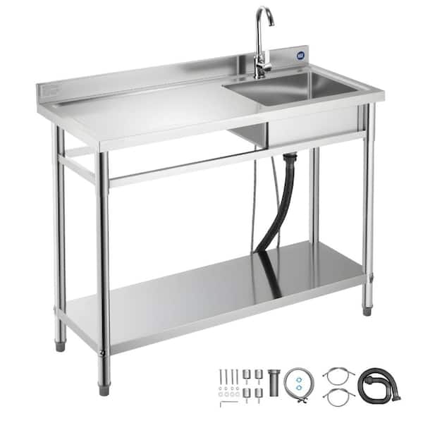 Stainless Steel Utility Sink, Freestanding Single Bowl w/ Left Drainboard, Faucet & H/C Lines, 47 x 19.7 x 37 in