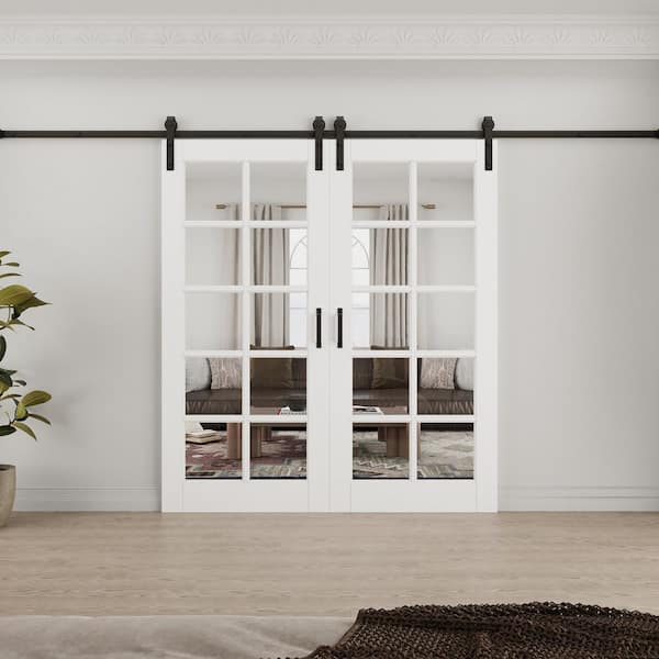 72 in. x 80 in. 10-Lite Tempered Clear Glass White Primed Solid Core MDF Double Sliding Barn Door with Hardware Kit