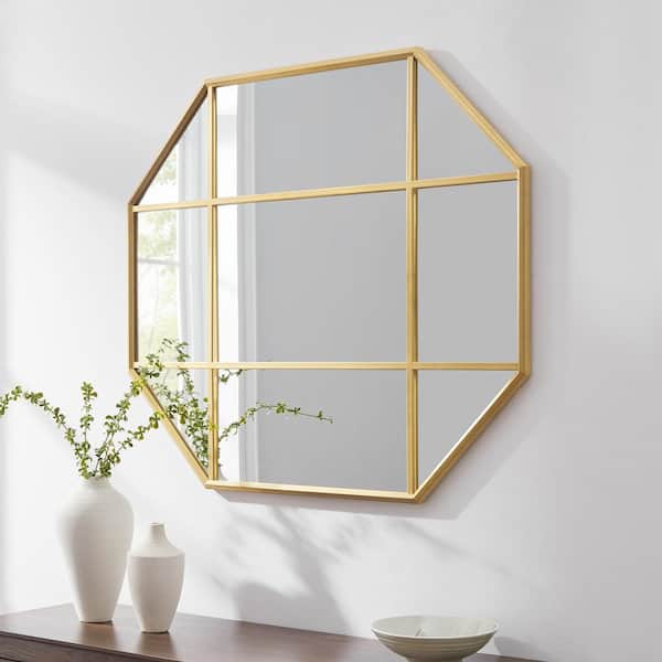 Walker Edison Furniture Company 42 in. H x 36 in. W Gold Octagon Metal Modern Windowpane Mirror