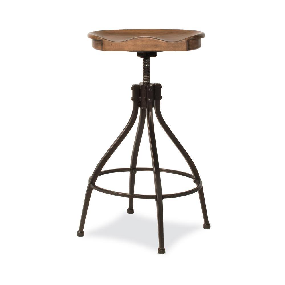 Worland Adjustable Brown Metal and Wood Swivel Bar Stool