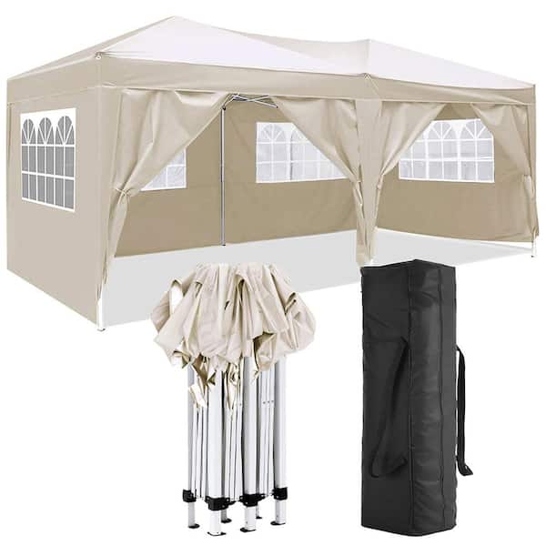 Misopily 10 ft. x 20 ft. Beige Folding Pop-Up Canopy, Outdoor Shelter Tent w/6 Removable Sidewalls, Carry Bag for Event, Camping