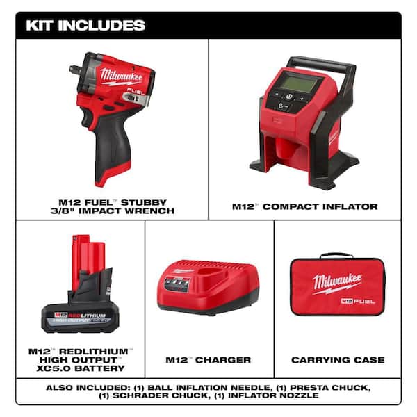 M12 FUEL 12V Li-Ion Brushless Cordless Stubby 3/8 in. Impact Wrench Kit w/ 5.0 Ah High Output Battery and M12 Inflator