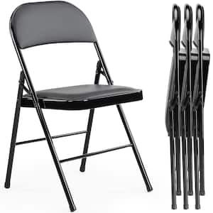 Black Faux Leather Seat Steel Frame Utility Chair Folding Chairs (Set of 4)