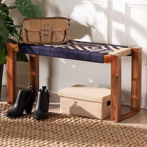 Prunella Navy Blue and Natural Brown Accent Bench 31.5 in.