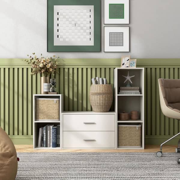 Quincy 15.74 in. Tall Stackable White Engineered wood Modern Modular Cabinet Bookcase with 2-Drawers