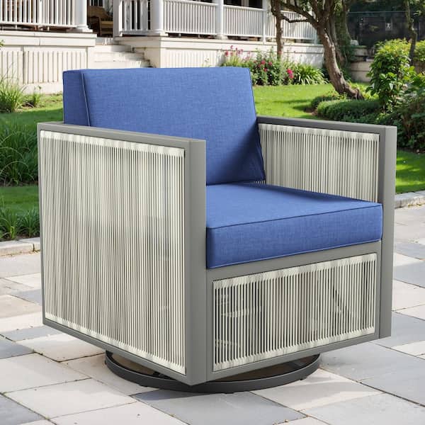 Modern Industrial Light Beige Swivel Glider Wicker Outdoor Rocking Chair with Olefin Blue Cushions (1-Pack)