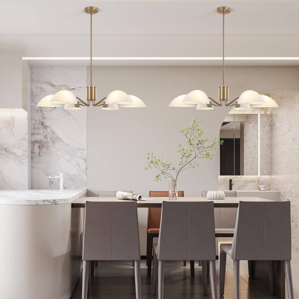 Modern Brass Chandelier with Milk Glass Shades, 6-Light