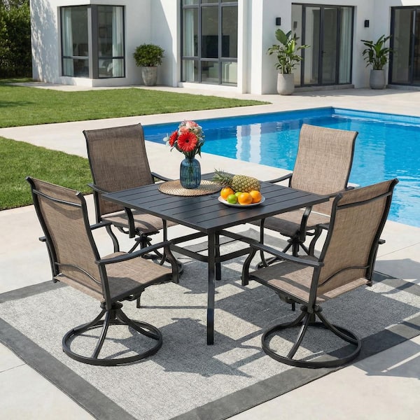 5-Piece Metal Outdoor Patio Dining Set with Square Table and Swivel Textilene Chairs in Brown