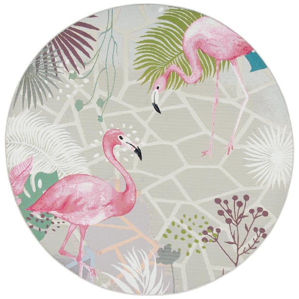SAFAVIEH Barbados Gray/Pink 8 ft. x 8 ft. Round Novelty Animal Print Indoor/Outdoor Area Rug