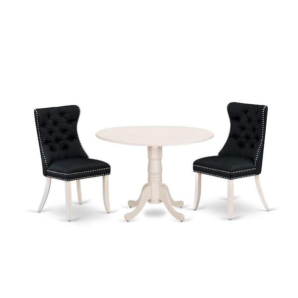 East West Furniture 3-Piece Linen white Solid Wood Top-Round Upholstered Dining Room Set with Dropleaf-Seats 4
