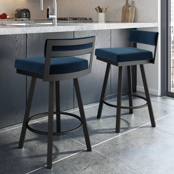 Amisco Travis 30 in. Dark Blue Velvet / Black Metal Swivel Bar Stool